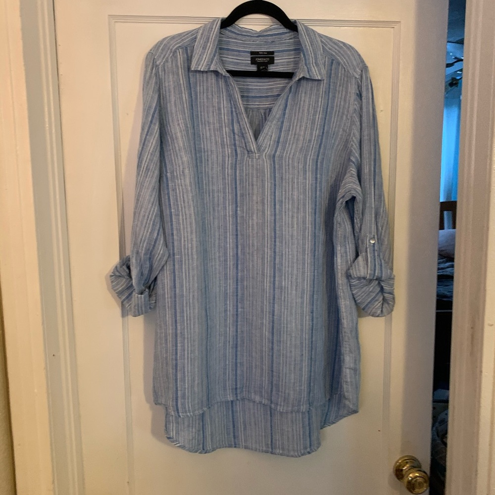 Jones New York Blue and White Linen Tunic 1X